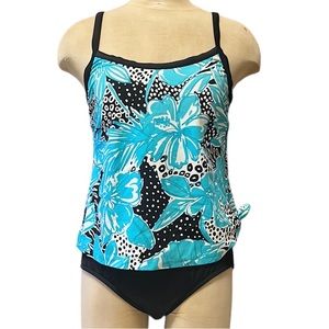 Vintage Maxine of Hollywood Swimsuit One Piece Blue Black Floral 12